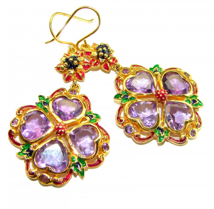 Esmeralda - Very Unique African Amethyst Enamel 18K Gold over .925 Sterling Silver handcrafted earrings - Colorful earrings with amethyst hearts, floral details, front view.