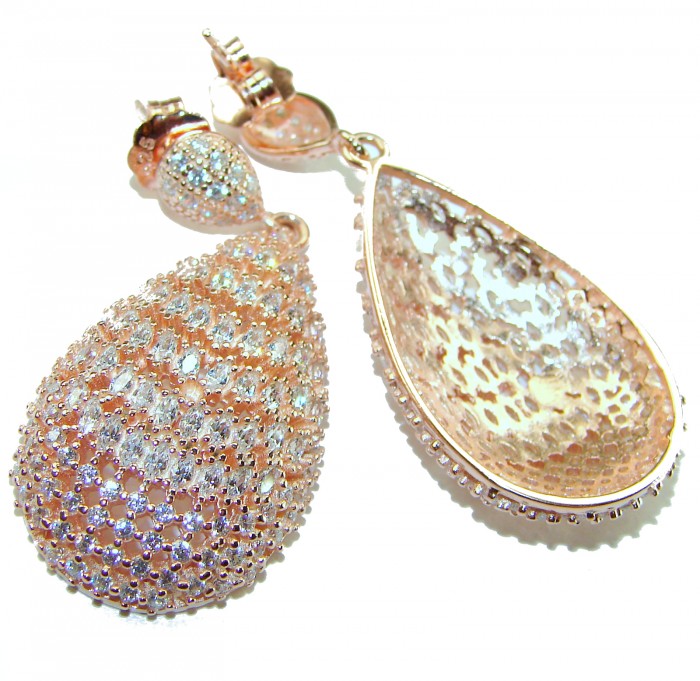 Magnificent Jewel - 17.5 carat natural White Topaz 14K Rose Gold over .925 Sterling Silver handcrafted incredible earrings - Close-up of teardrop white topaz earrings in 14K rose gold.