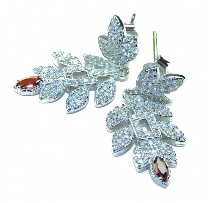 Penelope Authentic - Vintage Design 3.4 CARAT Garnet .925 Sterling Silver handcrafted earrings - Top view of vintage design garnet and crystal earrings.
