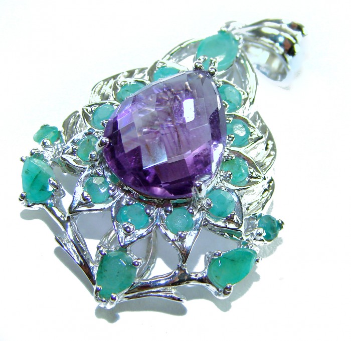Countless Blessings Genuine 15.5 carat Authentic Amethyst Emerald .925 Sterling Silver handmade Pendant - Close-up of Countless Blessings 15.5 carat Amethyst with turquoise accents.