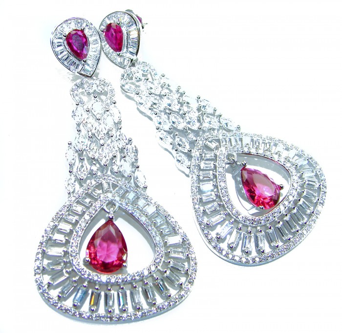 Pure Luxury 22.2 carat natural Ruby .925 Sterling Silver handmade Statement earrings - Close-up of 22.2 carat ruby and sterling silver earrings.