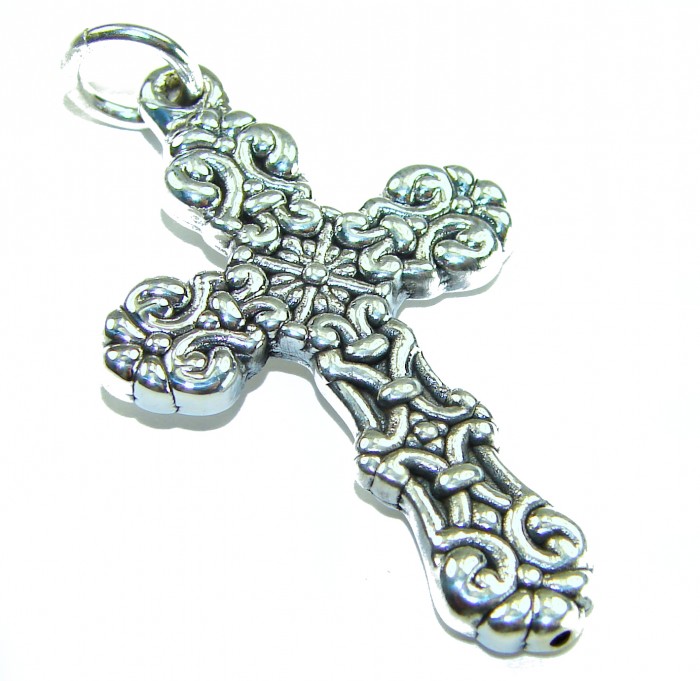 Holy Cross the best quality .925 Sterling Silver Bali made Pendant - Ornate sterling silver cross pendant, detailed angle view.