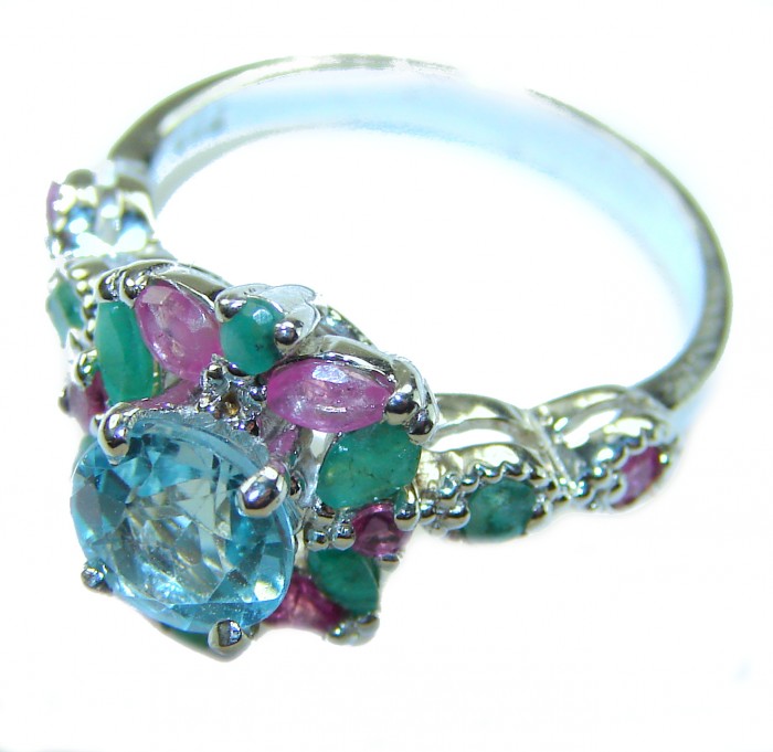 Emily 4.5 carat Swiss Aquamarine Ruby .925 Sterling Silver handmade Statement Ring size 6 - Silver ring with aquamarine and ruby, side view close-up.