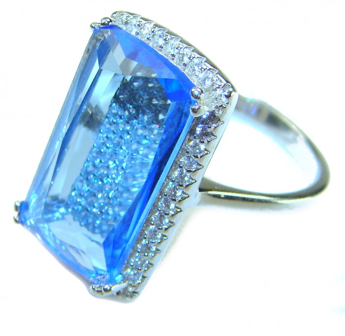 6.5 carat authentic Swiss Blue Topaz .925 Sterling Silver handmade Statement Ring size 7 1/4 - Close-up of Swiss Blue Topaz ring in .925 Sterling Silver