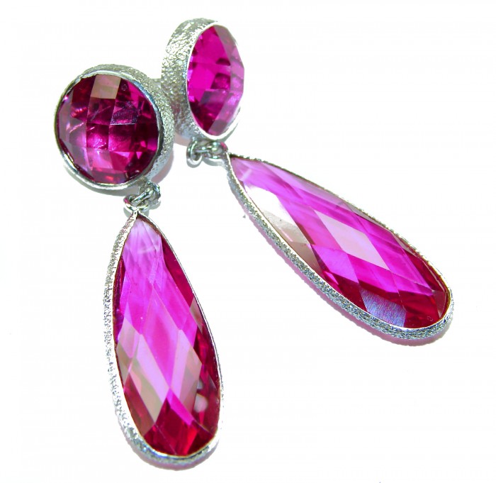 Tiffany - authentic 27.5 carat Pink Sapphire .925 Sterling Silver handcrafted Statement Earrings - Close-up of pink sapphire earrings with sterling silver setting.