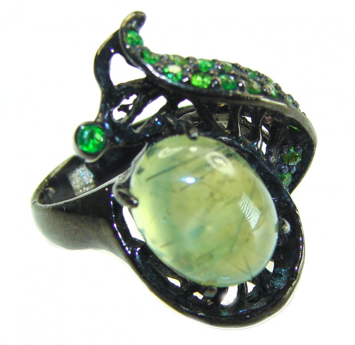 Best quality Prehnite black rhodium over .925 Sterling Silver handcrafted LARGE Ring Size 7 1/4 - Prehnite ring, stone close-up, black rhodium, .925 Sterling Silver.