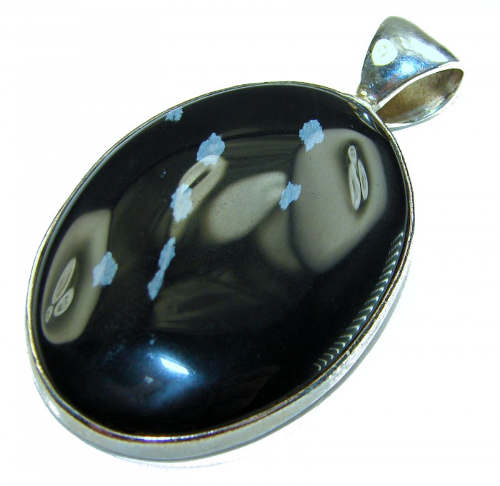 Amazing quality Snowflake Obsidian Sterling Silver handmade Pendant - Close-up of Snowflake Obsidian pendant in sterling silver setting.