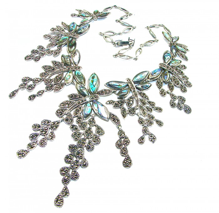 HUGE 80.5 grams Seven Butterflies design genuine Raibow Abalone .925 Sterling Silver handcrafted Necklace - Butterfly necklace with abalone, top view, showing clasp and details.