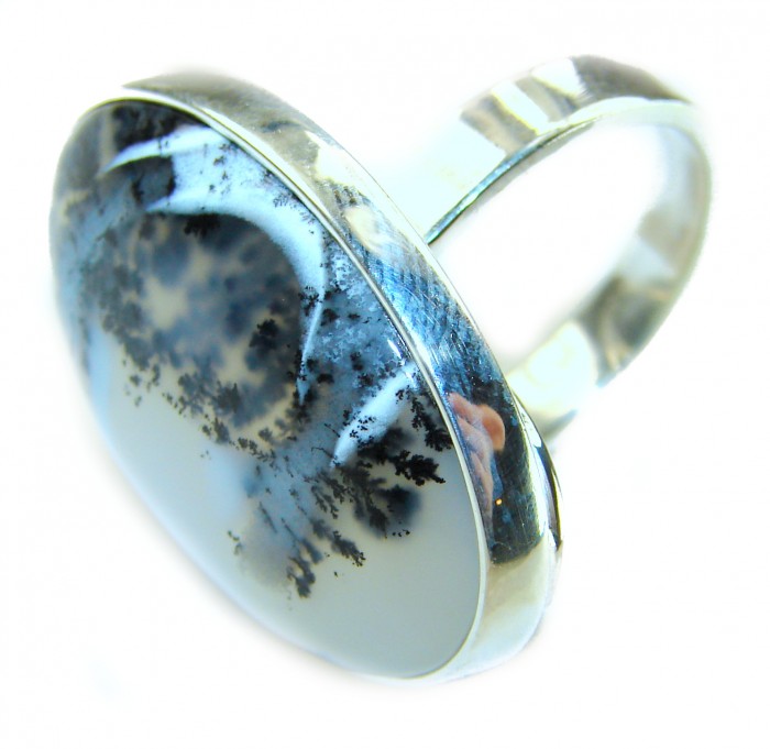 LARGE Top Quality Dendritic Agate .925 Sterling Silver handcrafted Ring s. 7 adjustable - Side view of dendritic agate ring in .925 sterling silver.