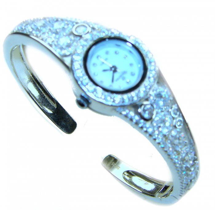 Precious Time Authentic 33.2 carat White Topaz .925 Sterling Silver handmade Bracelet Watch - Side view of Precious Time .925 sterling silver watch with white topaz.