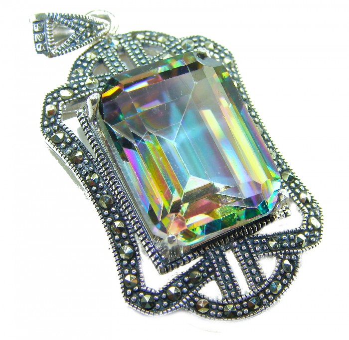 Spectacular 14.2 cut Mystic Topaz Marcasite .925 Sterling Silver handcrafted Pendant - Close-up of Mystic Topaz and Marcasite pendant in sterling silver.