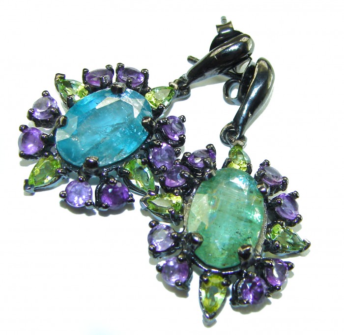 Fabulous 20.7 carat Aquamarine black rhodium over .925 Sterling Silver Handcrafted Statement earrings - Aquamarine earrings with amethyst and peridot, top view.