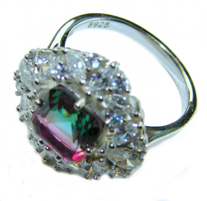 Assher cut 7.8 carat Brazilian Tourmaline .925 Sterling Silver Perfectly handcrafted Ring s. 7 1/2 - Close-up of Asscher cut 7.8 carat Brazilian Tourmaline ring in sterling silver