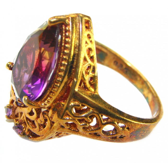 Incredible 14.5 carat Ametrine .925 Sterling Silver dipped in 18K Gold HANDCRAFTED Ring s. 9 1/4 - Side view of ornate 14.5 carat Ametrine ring in .925 Sterling Silver.