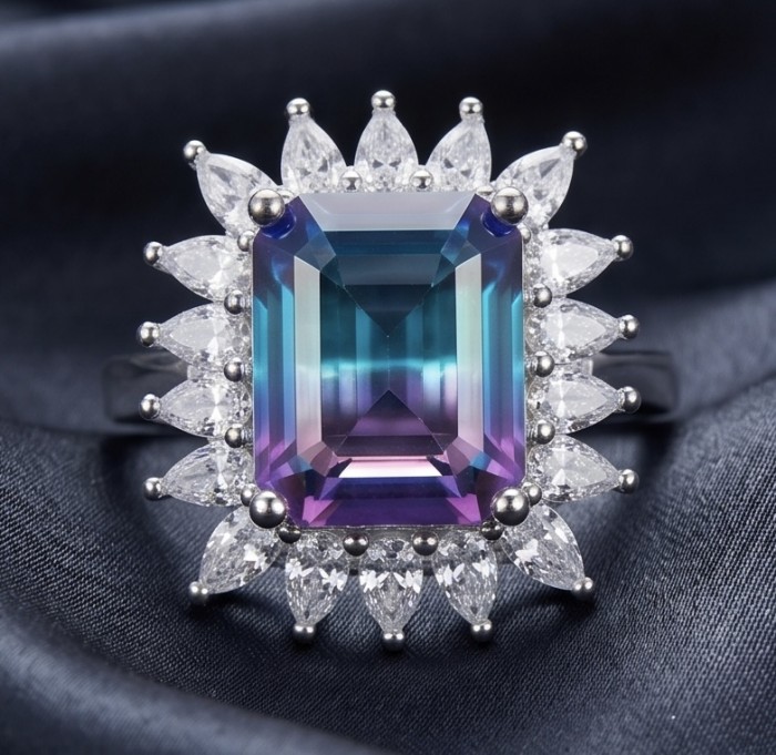 6.8 carat Brazilian Tourmaline .925 Sterling Silver dipped in 18K Gold Perfectly handcrafted Ring s. 8 - Emerald-cut Brazilian tourmaline ring with diamond halo, top view.