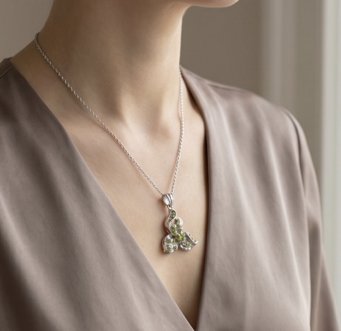AMAZONIA Authentic 8.5 CARAT Chrome Diopside .925 Sterling Silver Pendant - Chrome diopside necklace worn on neck, front view.