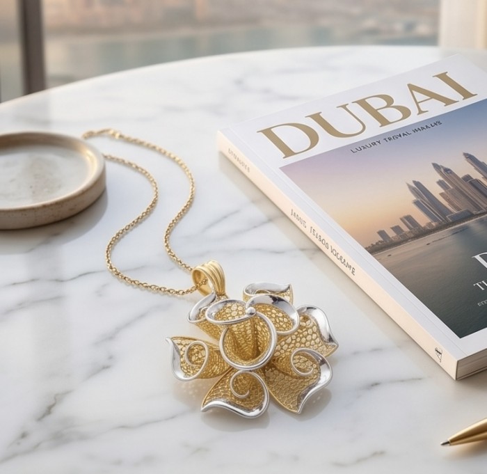 Dubai Style - Golden Rose .925 Sterling Silver dipped in 22K Gold handmade Pendant - Golden rose pendant on marble surface with Dubai magazine, top view.