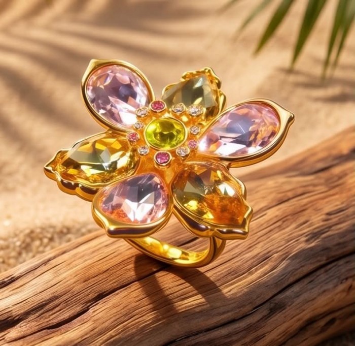 Cherry Blossom 27.5 carat Pink Amethyst Citrine 14K Gold over .925 Silver handcrafted Cocktail Ring s. 7 - Flower-shaped ring with amethyst and citrine on wood, top view
