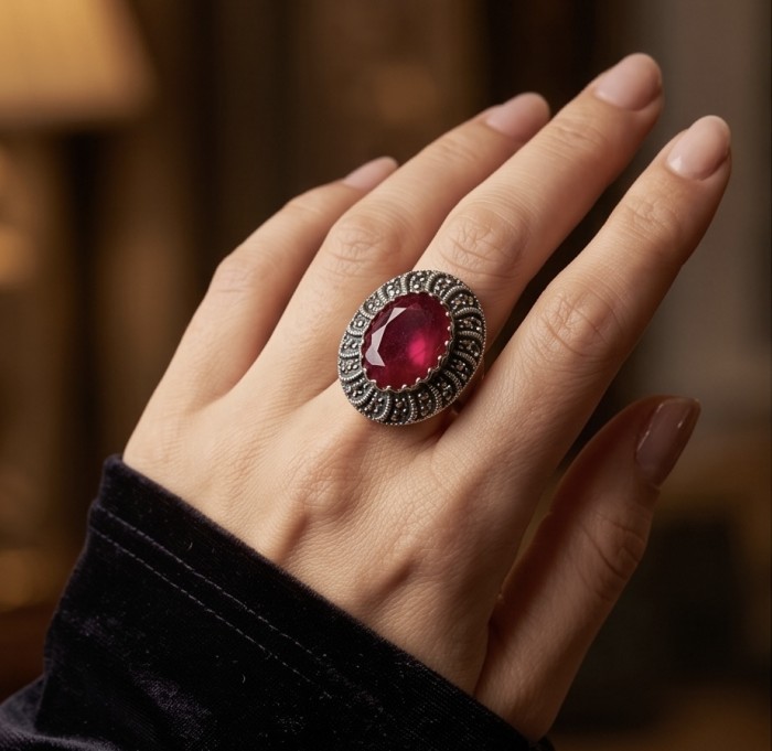 Bloody Red Natural 12.4 carat Ruby .925 Sterling Silver handmade Statement Ring size 10 - Ruby ring worn on hand, ornate sterling silver setting.