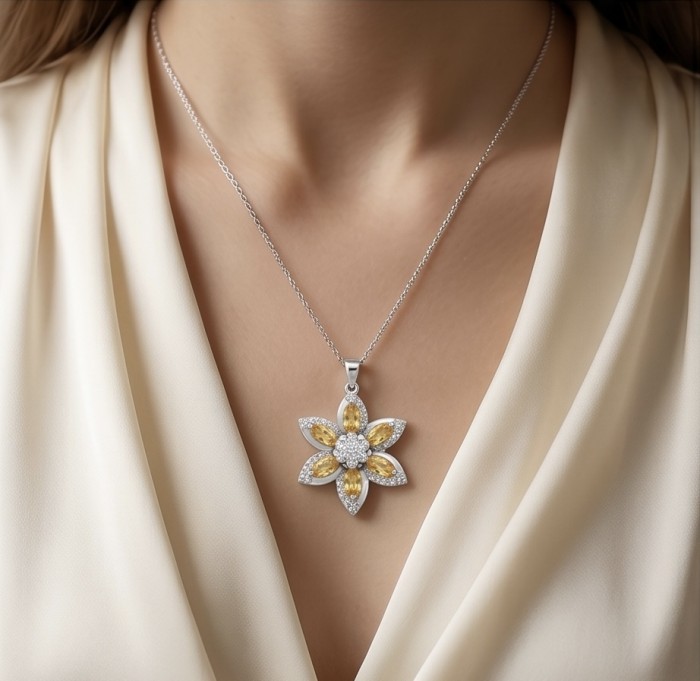 Golden Star 8.5 carat Brazilian Citrine .925 Sterling Silver dipped in Rhodium handmade Pendant - Golden Star citrine pendant worn on chest, front view.