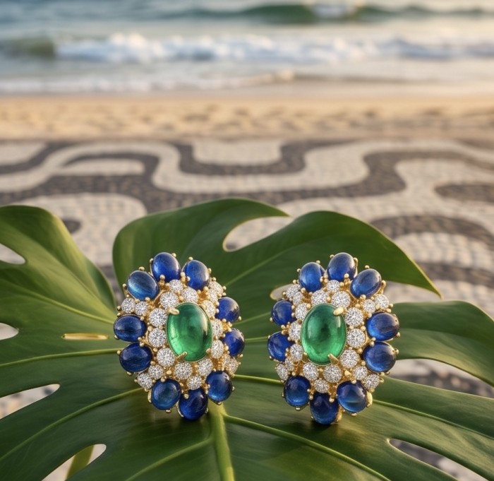 Colombian's Brilliance - emerald cut 4.7 carat Colombian Emerald 18K Gold over .925 Sterling Silver handcrafted earrings - Emerald earrings on leaf with beach background, close-up view.