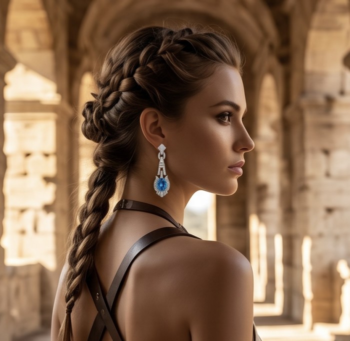 Art Deco 4.8 carat oval cut Swiss Blue Topaz rhodium over .925 Sterling Silver Handcrafted Statement earrings - Side view of blue topaz earrings worn with braided hairstyle.