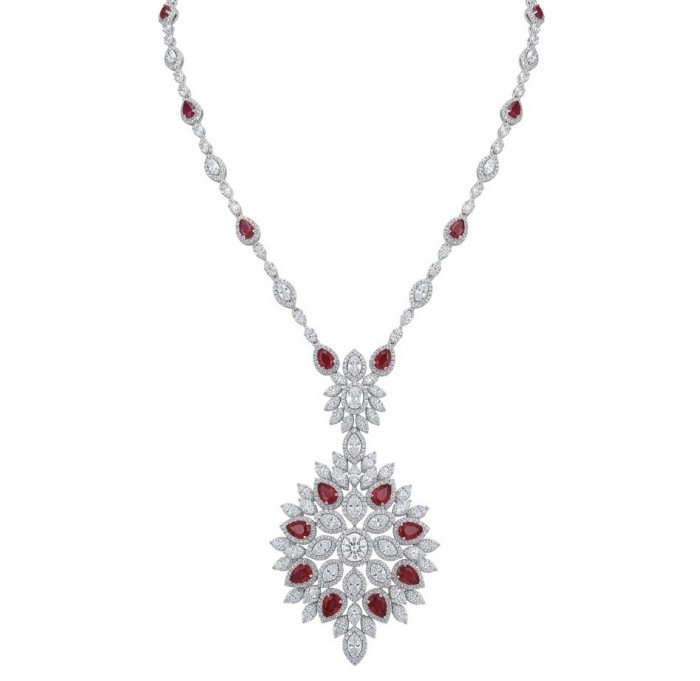 Isabella - Beauty of Nature- natural 32.5 carat Ruby Rhodium over .925 Sterling Silver handmade 28 INCHES Statement necklace - Elegant necklace front view with rubies and diamonds.