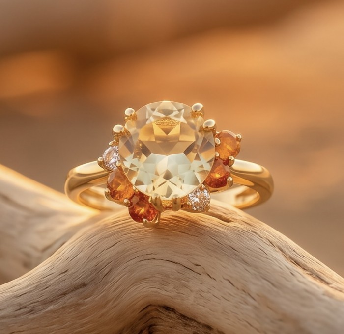 4.2 carat Brazilian Citrine orange Sapphire 18K Gold over .925 Sterling Silver handcrafted ring; s. 8 - Close-up of Brazilian Citrine ring with orange Sapphire in 18K gold.