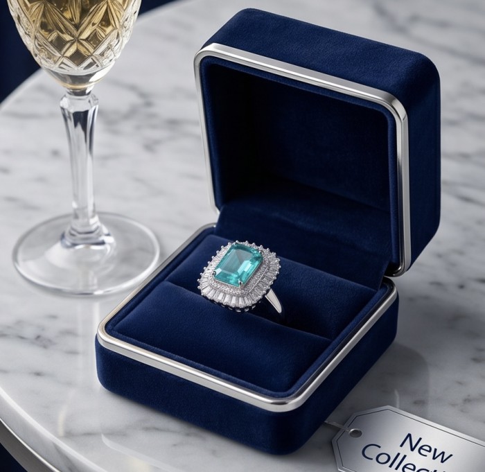 Natural 17.2 carat Colombian Emerald .925 Sterling Silver dipped rhodium handmade Statement Ring size 8 - Emerald ring in blue box on marble table, angled top view