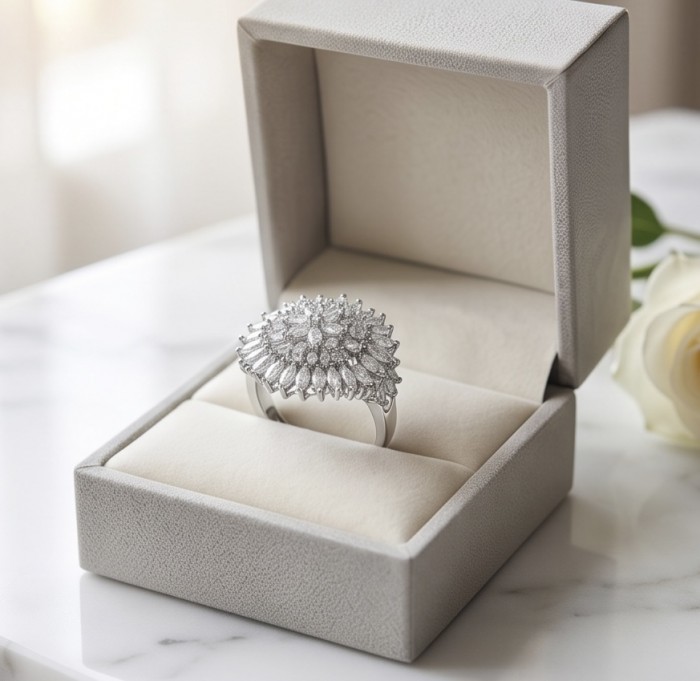 Aphrodite - 10.8 carat White Topaz Silver tone handcrafted Soild ring size 8 1/2 - Elegant silver ring with white topaz in an open box, angled top view.
