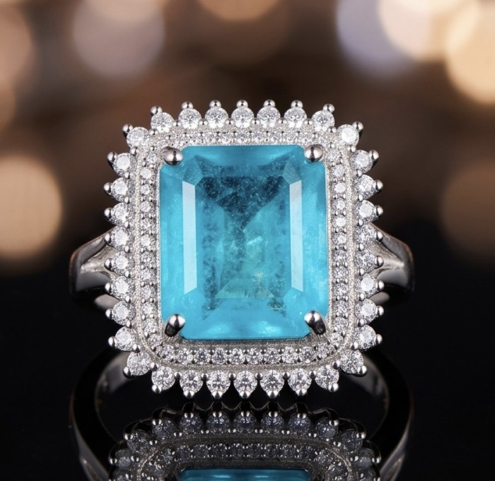 Elizabeth 12.8 carat Colombian Emerald 2.7 carat Moissanite .925 Sterling Silver dipped in Rhodium handcrafted Ring size 7 1/4 - Close-up of Elizabeth ring with Colombian emerald and moissanite accents