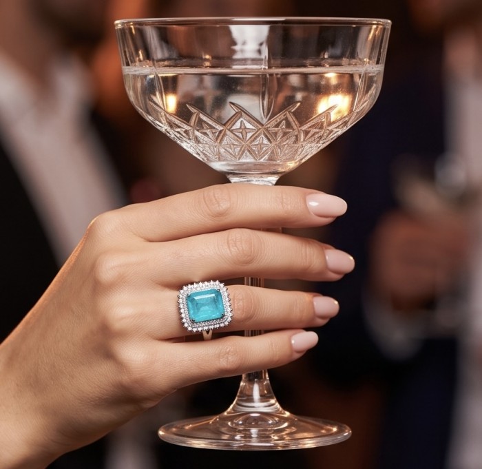 Elizabeth 12.8 carat Colombian Emerald 2.7 carat Moissanite .925 Sterling Silver dipped in Rhodium handcrafted Ring size 7 1/4 - Emerald ring worn on hand holding a glass, close-up view.