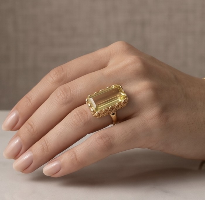 Authentic baguette cut 18.8 carat yellow Sapphire 22K Gold over .925 Sterling Silver handmade Ring s. 9 1/4 - Yellow sapphire ring on hand, showcasing stone and intricate gold setting.