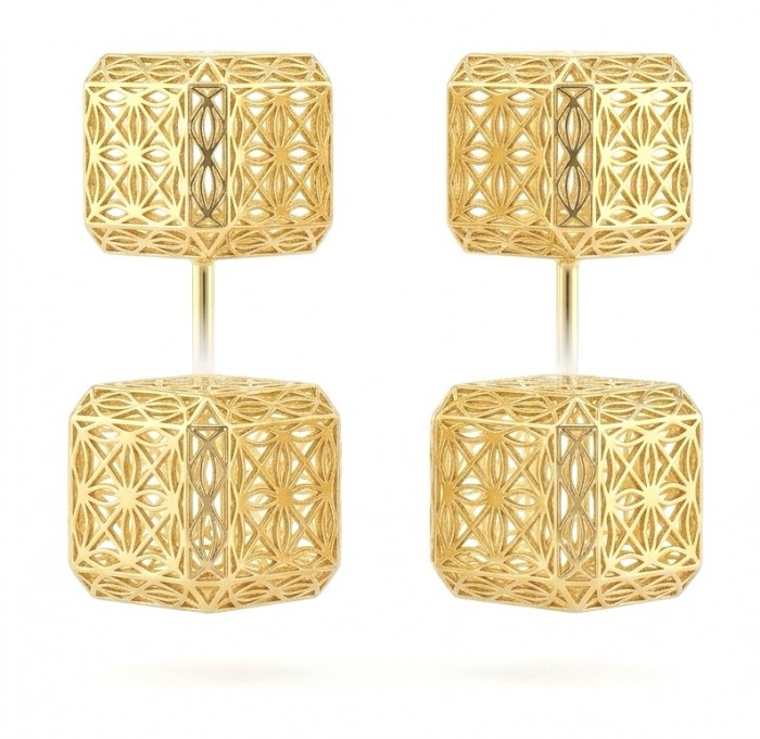 Black Label Collection -golden cubes- Dubai Style - Natural 22K Gold over .925 Sterling Silver handmade earrings - Intricate gold cube cufflinks, front view, geometric pattern.