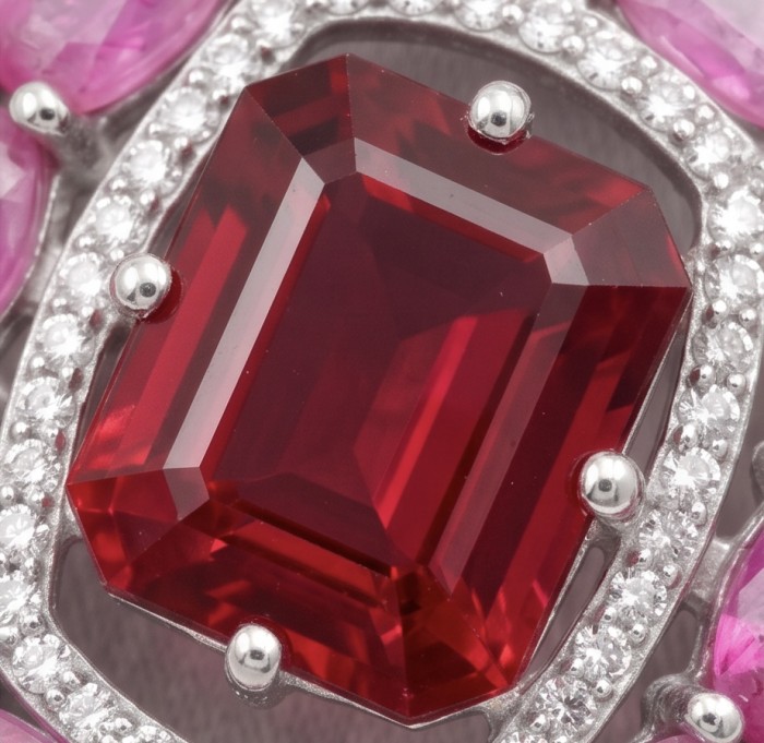Giovanna 14.2 carat authentic Mozambique Ruby .925 Sterling Silver handmade Pendant - Close-up of Mozambique ruby with diamond accents in silver setting