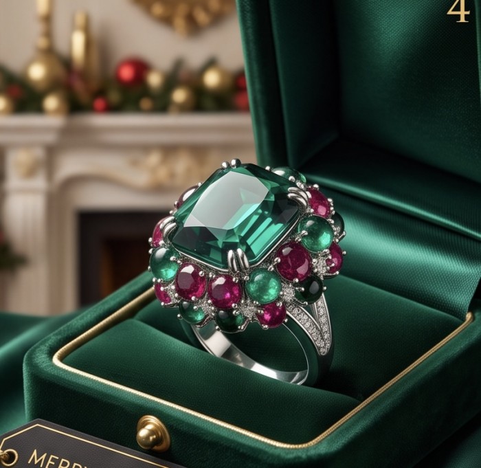 Natural 41.5 carat carved Emerald Ruby Sapphire rhodium over .925 Sterling Silver handcrafted ring size 7 1/4 - Close-up of rhodium ring with emerald, ruby, and sapphire stones.