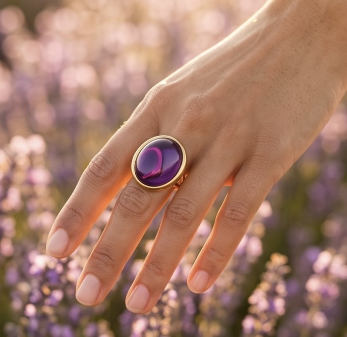 Top quality 22.5 carat Amethyst .925 Sterling Silver dipped in 18K Gold Handcrafted Large Ring size 8 1/4 - Amethyst ring on hand amidst blurred purple flowers.