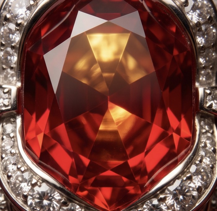 Royal Red 25.7 ctw oval cut Mozambique Ruby .925 Sterling Silver handcrafted Statement Ring size 7 3/4 - Close-up of Royal Red 25.7 ctw oval cut Mozambique Ruby and diamonds