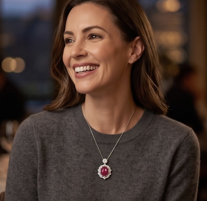 Giovanna 23.2 carat authentic Mozambique Ruby .925 Sterling Silver handmade Pendant - Woman wearing Giovanna 23.2 carat Mozambique Ruby necklace, front view.