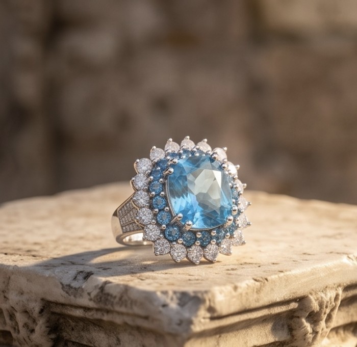 Aqua 8.5 carat Swiss Blue Topaz 22K Gold over .925 Sterling Silver dipped in rhodium handcrafted ring size 5 - Side view of Swiss Blue Topaz ring with diamond accents on a stone surface.