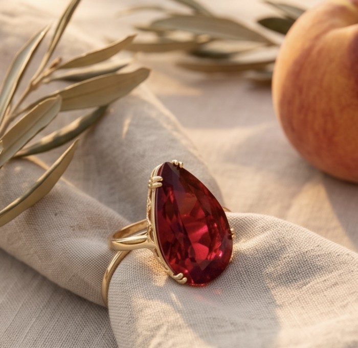 Carmen Natural 25.4 carat Ruby .925 Sterling Silver dipped in 22K Gold handmade Large Statement Ring size 6 1/4 - Ruby ring close-up on linen with peach background
