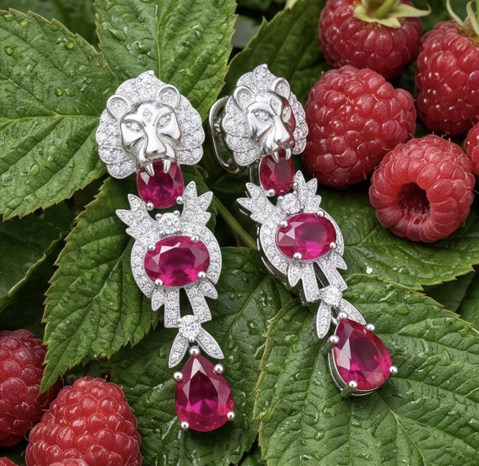 Leo - the King - Genuine 6.8 carat Ruby rhodium over .925 Sterling Silver handcrafted Statement Earrings - Close-up of ruby lion earrings on raspberry leaves.