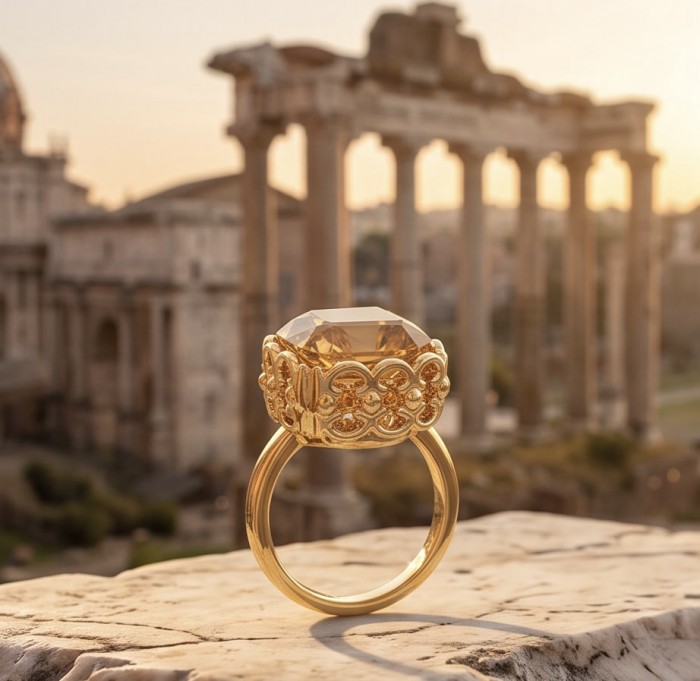 Solid 12.8 carat Genuine Lemon Quartz 18K Gold over .925 Sterling Silver handcrafted ring size 9 1/2 - Gold ring with lemon quartz, ancient ruins backdrop, side view.