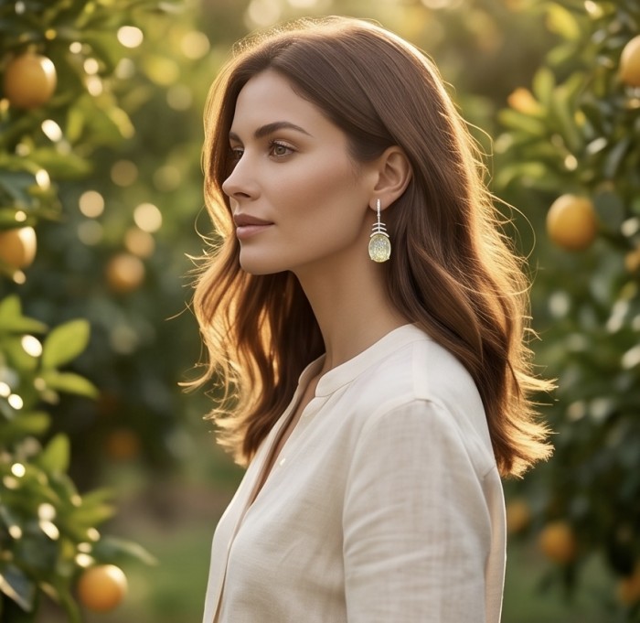 Summer Time 17.8 carat Lemon Quartz rhodium over .925 Sterling Silver handcrafted Statement Earrings - Side view of woman wearing Summer Time Lemon Quartz earrings.