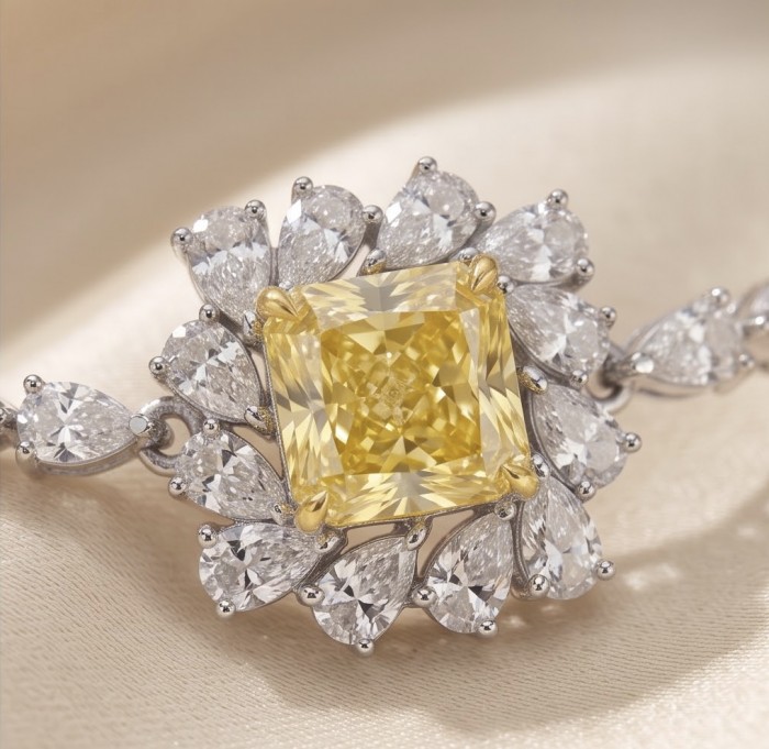 Luxurious 7.5 carat princess cut Yellow Sapphire .925 Sterling Silver handcrafted Statement Bracelet - Close-up of luxurious yellow sapphire with diamond accents.
