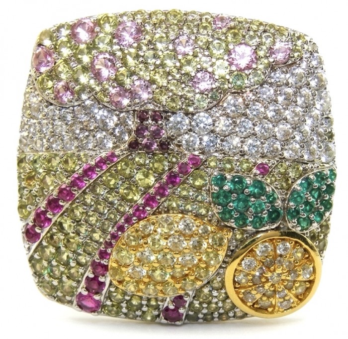 Timless Journey - LARGE Authentic 8.8 carat pave Multigem .925 Sterling Silver brilliantly dipped in rhodium 2 TONES handcrafted Statement ring; s. 7 - Front view of multigem pave jewelry, showcasing intricate design.