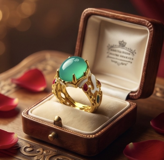 Magnificent 939 carat Natural Ruby Emerald Enemel 18K Gold over . 925 Sterling Silver handcrafted Statement Ring size 7 - Gold ring with green stone and red accents in an open box, top view.