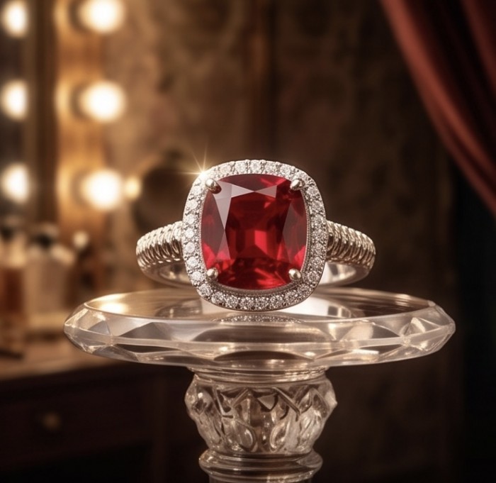 Exquisite 6.5 ctw Ruby .925 Sterling Silver handcrafted Statement Ring size 7 1/2 - Front view of ruby ring on display stand, surrounded by diamonds.