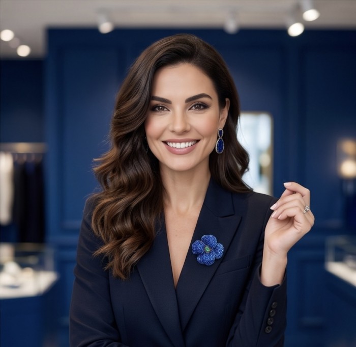 Black Label Collection - Retro Style - Rose Genuine 27.5 carat Sapphire .925 Sterling Silver dipped in rhodium handmade Pendant - Brooch - Model wearing Black Label Collection jewelry in a blue boutique setting.