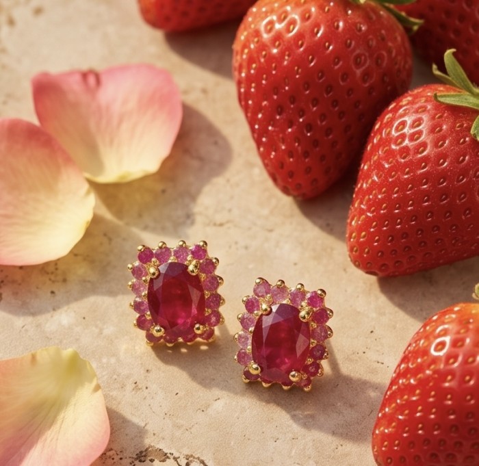Natural 4.2 carat Mozambique Ruby .925 Sterling Silver dipped in 22K Gold Handcrafted Earrings - Ruby earrings with strawberries, close-up view, flower petals scattered.